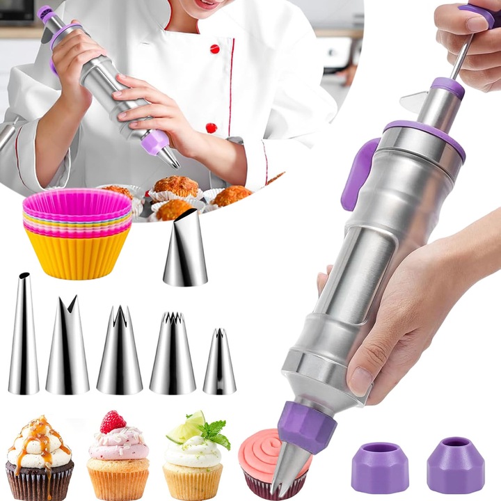 Set decorare prajituri, Set seringa ornat profesionala.Simplu de utilizat, pentru decorarea prajiturilor, fursecurilor, painii si a altor deserturi.DIY.304inox, cu 6 duze,9 Forme de tort.Usor de curatat, reutilizabil, Pasionati de patiserie, Violet