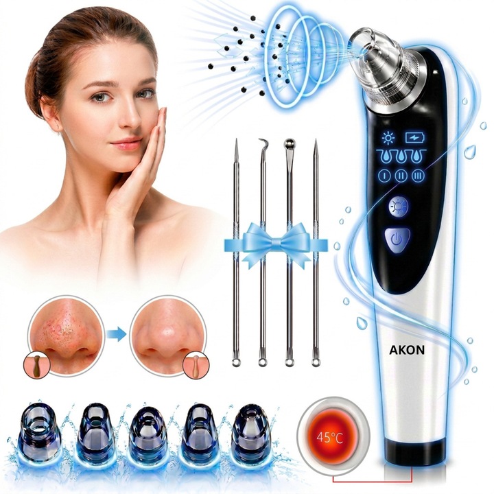Aparat indepartat puncte negre, de grasime si cosuri, cu vacuum puternic si compresie caldura Akon®, aspirator, dispozitiv pentru ingrijire faciala, curatare faciala si ten, 3 trepte, 5 capete, 4 instrumente anti-acnee, display, reincarcabil USB