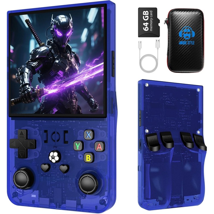 R36 MAX Oricean hordozható videójáték konzol, 4.0'' HD IPS kijelző 720x720, 64G beépített 18000+ játék, 4000mAh újratölthető, Linux, Kék