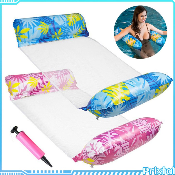 Set 2 saltele gonflabile pentru piscina, 4 in 1, material PVC + plasa din nailon, confortabil si respirabil, sustine pana la 100 kg, usor, pliabil, usor de depozitat, potrivit pentru plaja / piscina / petreceri, 120 x 65 cm, albastru si roz