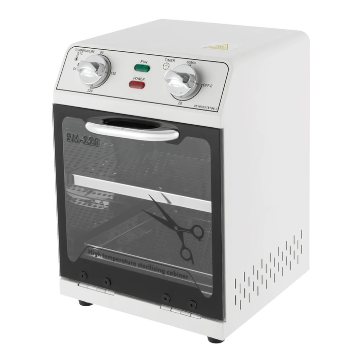 Incalzitor prosoape, Dulap de sterilizare 8 L, 600 W, 0–220 °C, Temporizator 0–60 min, Stecher UE, Otel inoxidabil, sticla securizata, Alb