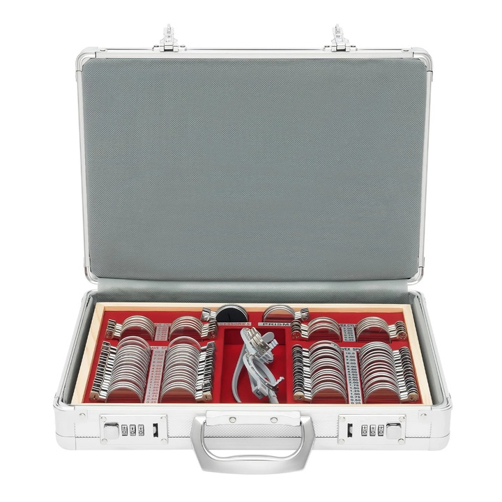 Set lentile de proba pentru optometrie, 104 piese, Reglabil, Metal si sticla, Husa dreptunghiulara 38×27×6 cm, Greutate 3, 02 kg, Argintiu