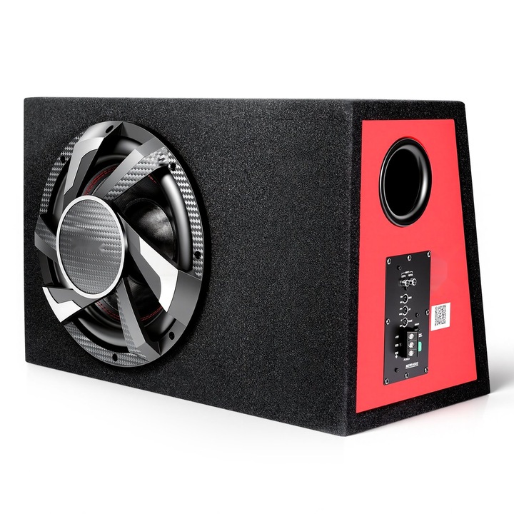 Subwoofer auto activ, Pachet complet, Diametru 30, 5 cm (305 mm), 245 W RMS, Incinta inclusa, Amplificator integrat, Kit cabluri, Profil subtire trapezoidal