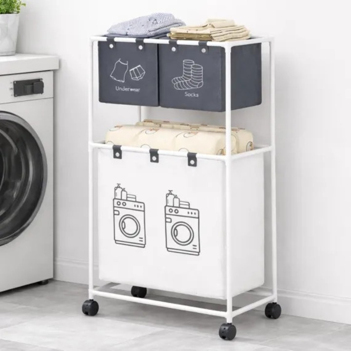 Cos Rufe 2 Niveluri 95x55x25cm, Organizator Haine cu 3 Compartimente, Structura Metalica