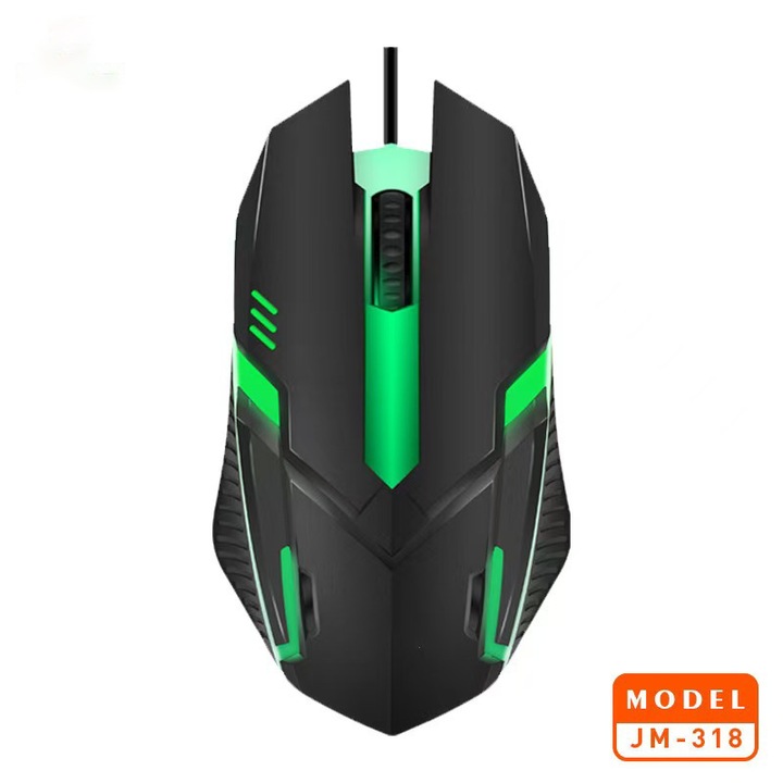 Egér, JM319 vezetékes gamer egér (JM-318 modell prémium csomagolás), USB, színes RGB világítás, ergonomikus, fekete