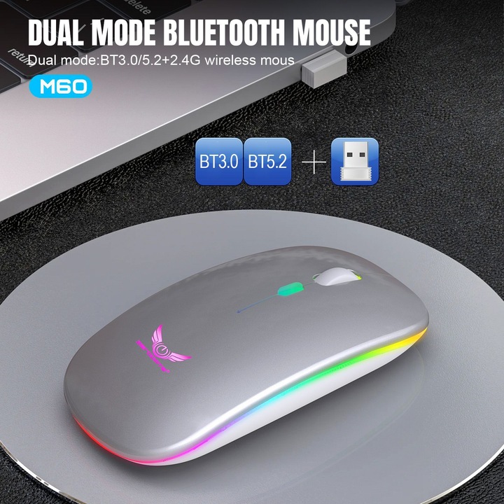 Vezeték nélküli egér, kétmódusú, megvilágított, csendes, ezüst M62 2.4G Bluetooth
