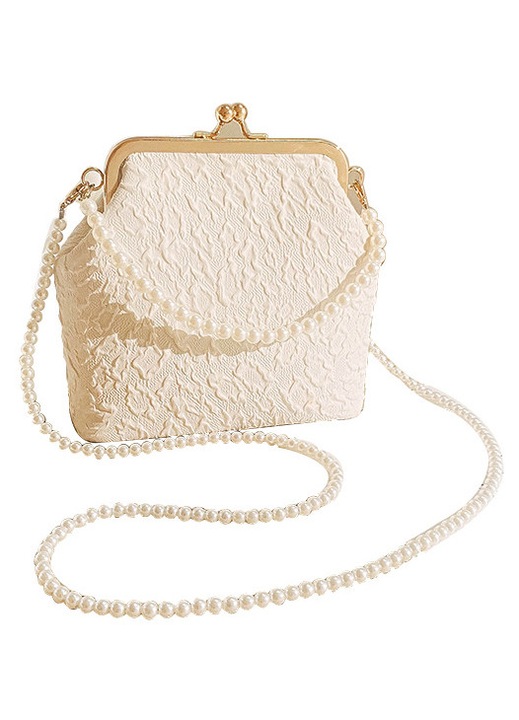 Hímzett textil crossbody táska, lánccal és gyöngy pánttal, fém keretes záródással, Cloud Qipao, Fehér