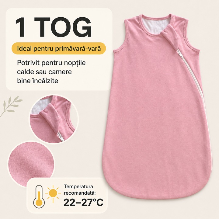 Sac de Dormit de Vara pentru Nou-Nascuti si Bebelusi, 0-6 luni, 1 TOG, 100% Bumbac Moale, Fermoar bidirectional, Fara Maneci, Roz