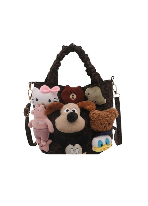 Textil (vászon) crossbody táska leopárd mintával és plüss díszítéssel, sokoldalú bucket bag, fekete