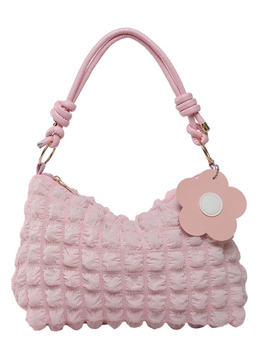 Geanta de umar textil plisata, poseta cu capacitate mare si design dragut, cu bretea scurta si pandantiv floare, roz