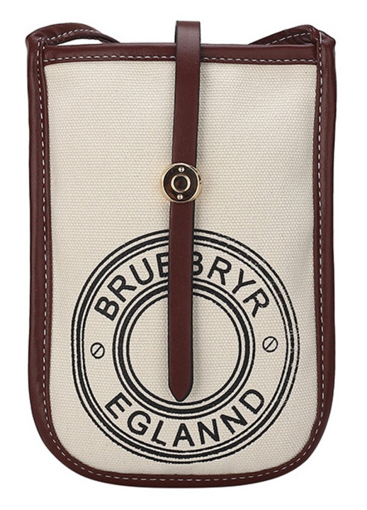 Crossbody telefontáska, textil, műbőr szegéllyel, mini, fehér/barna