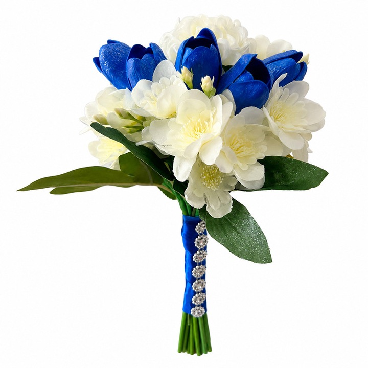 Buchet de mireasa premium, cu lalele din spuma, bujori regali si accesorii din fir si perle, 32 cm, VELVE