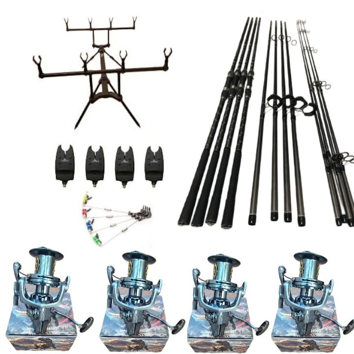 Set Pescuit la Crap, 4 Lansete Carbon 3, 90 metri, 3 Segm, 4 Mulinete Tambur Metalic 14.000 Long Cast, 12 Rulmenti, Rod Pod, 4 Senzori+4 Swingere + 4 Role Fir 0, 30 mm x 500 metri
