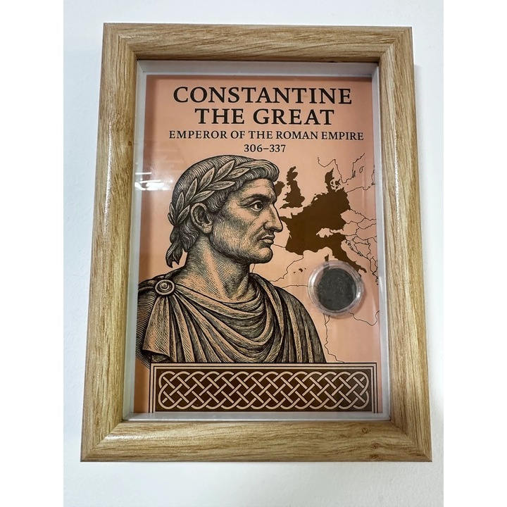 Tablou elegant, dimensiuni 14.8 x 19.8 cm, ce contine o moneda autentica din timpul imparatului roman CONSTANTINE the GREAT ( 306-307 ), prezentata intr-un design artistic inspirat din stilul roman antic