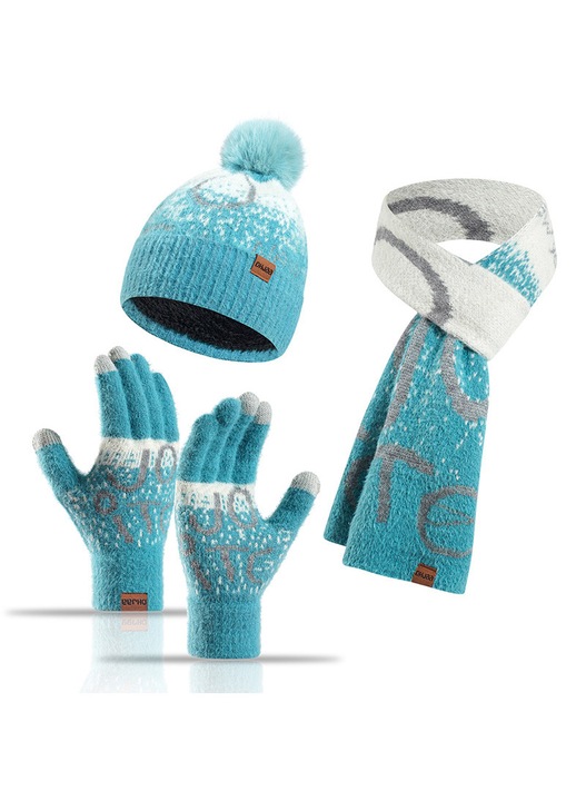 Set esarfa palarie manusi dama jacquard blana sintetica albastru lac