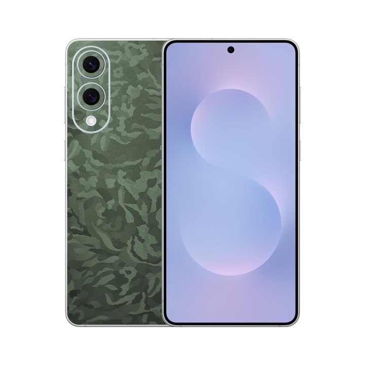 Folie iSkinz pentru Samsung Galaxy S25 Edge - Camo Verde Military Green Shadow, Split Cut, Skin Adeziv Cover, Protectie pentru Carcasa Spate si Laterale