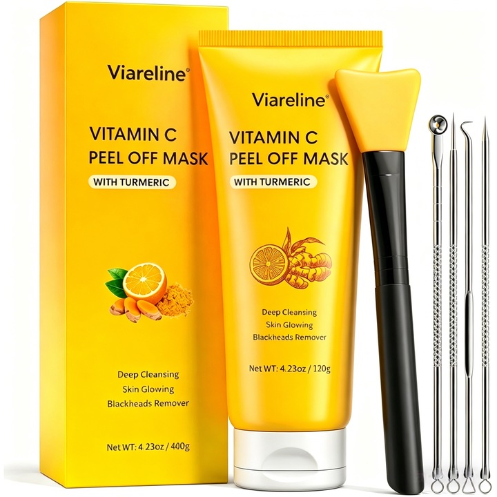 Masca de fata VIARELINE® cu Turmeric si Vitamina C, 120g, pentru ten sensibil si gras, 4 instrumente metalice incluse, spatula