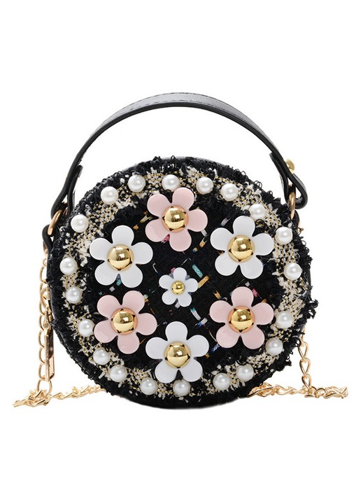 Kerek gyapjú crossbody táska, 3D virágokkal és gyöngy részletekkel, Fekete, Egy méret