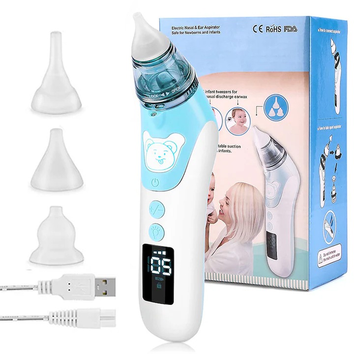 Aspirator nazal electric pentru bebelusi FooFoony, 5 niveluri de aspirare delicate, 3 accesorii reutilizabile din silicon, silentios si fara durere, fara BPA, usor de curatat, ingrijirea nasului pentru nou-nascuti, sugari si... Copii mici