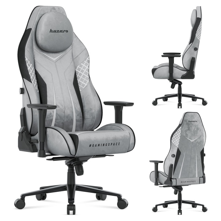 Gamer szék, Huzaro, Force 8.3, mágneses nyakpárna, velúr szövet, 3D állítható kartámasz, UltraGravity mechanizmus, hintafunkció, állítható mélységű és magasságú deréktámasz, 90-180 fokban dönthető háttámla, acél váz, öntött hab, 130 kg, szürke