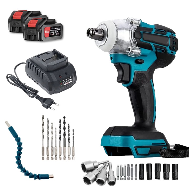 Masina de gaurit si insurubat cu percutie, LuckyLu, Pistol Insurubat Impact cu 2 acumulatori 48V, 26 accesorii, valiza transport, statie incarcare