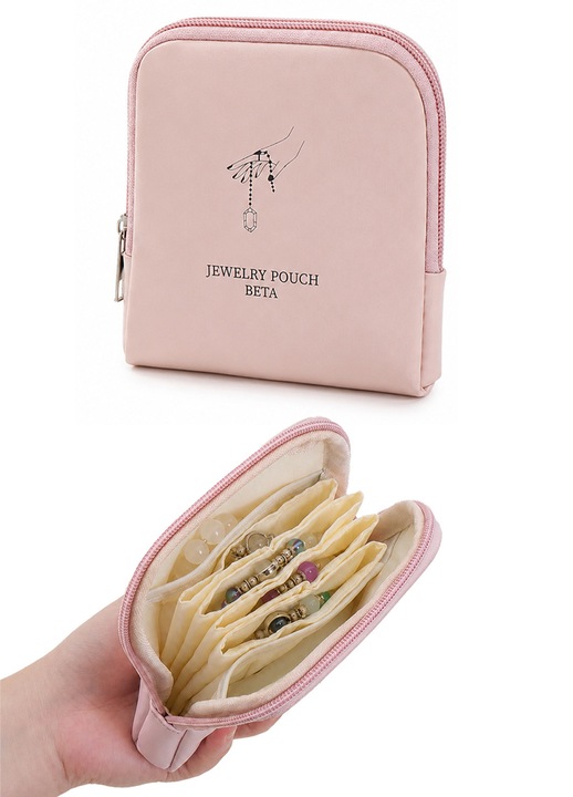 Geanta pentru bijuterii cu 6 compartimente, roz, 12,5x13 cm – organizator compact pentru bratari si coliere in calatorii