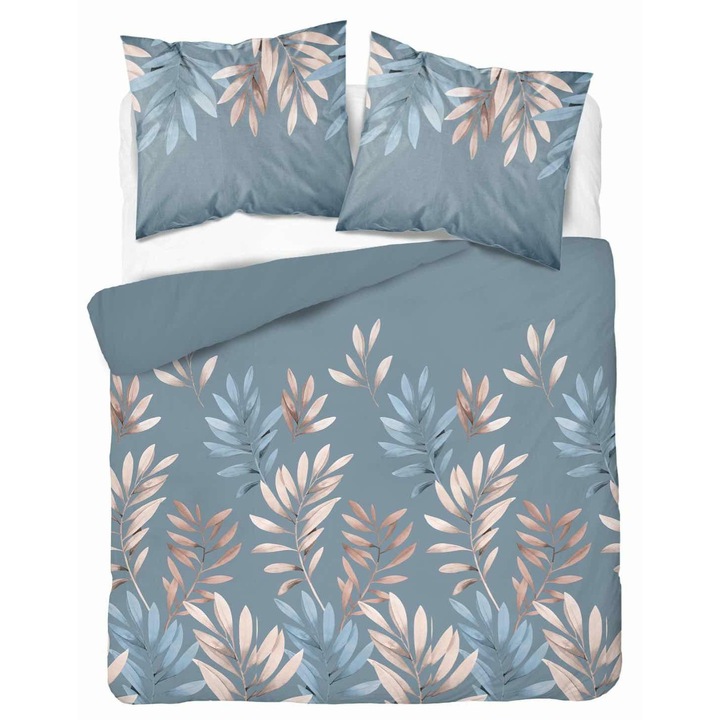 Set lenjerie de pat, Detexpol, Micro Satin 57 5472A, bej-albastru cu frunze, 220x200 cm, 3 piese