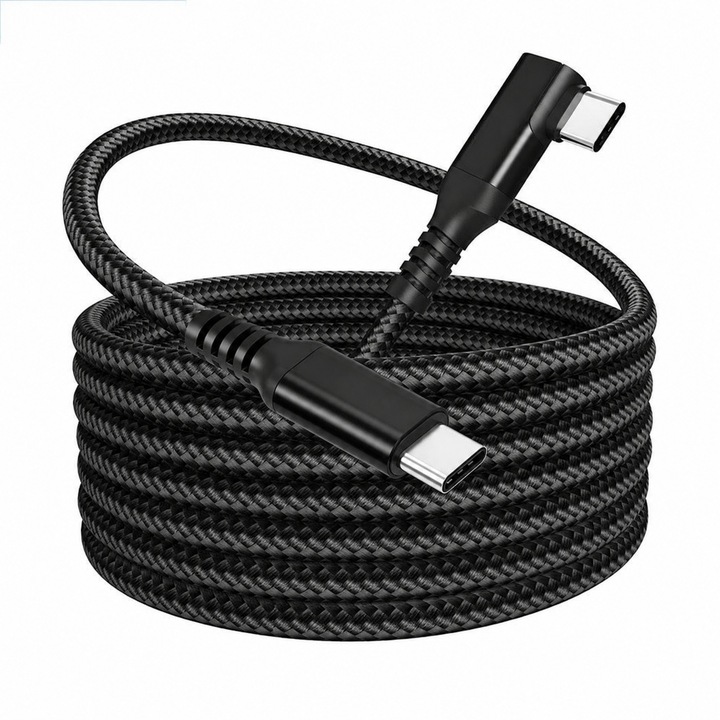 Cablu Link VR 5m, USB 3.2 Gen2x2, 240W, Bluvista®, Transfer 20Gbps 8K, Compatibil Meta Quest 2 / 3 / Pro, Pico 4, SteamVR, Unghi 90°, Negru-Gri, Cablu Impletit