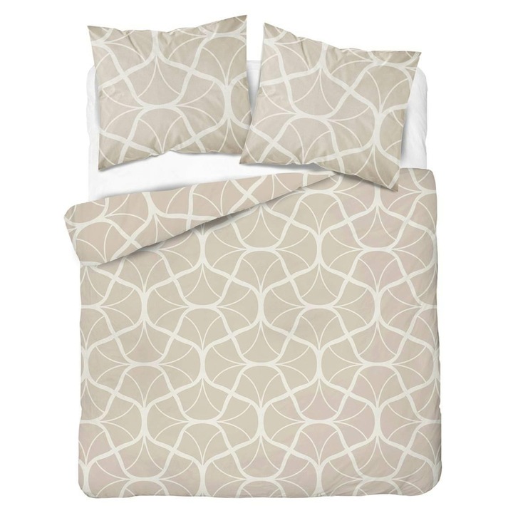 Set lenjerie de pat satin, Detexpol, Home Satin 59 5232B, crem bej, geometrie, 220x200 cm, 3 piese