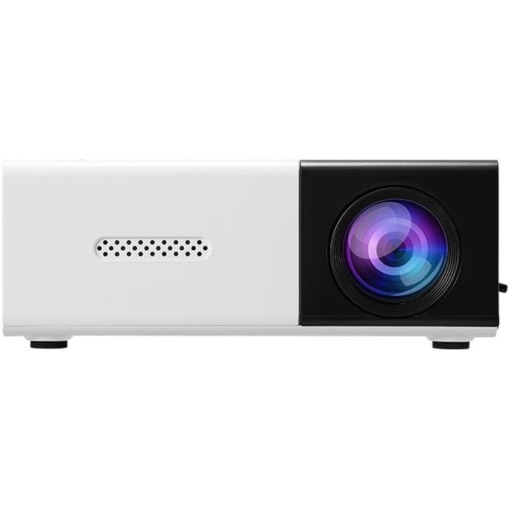Mini hordozható projektor, kompakt projektor, full HD 1080p, fényerő 400-600 lm, kontraszt 800:1, LED lámpa 30.000 óra, kompatibilis Android/Smartphone/Laptop/Konzol, fehér/fekete, 127x81.5x48.5 mm, 243 g