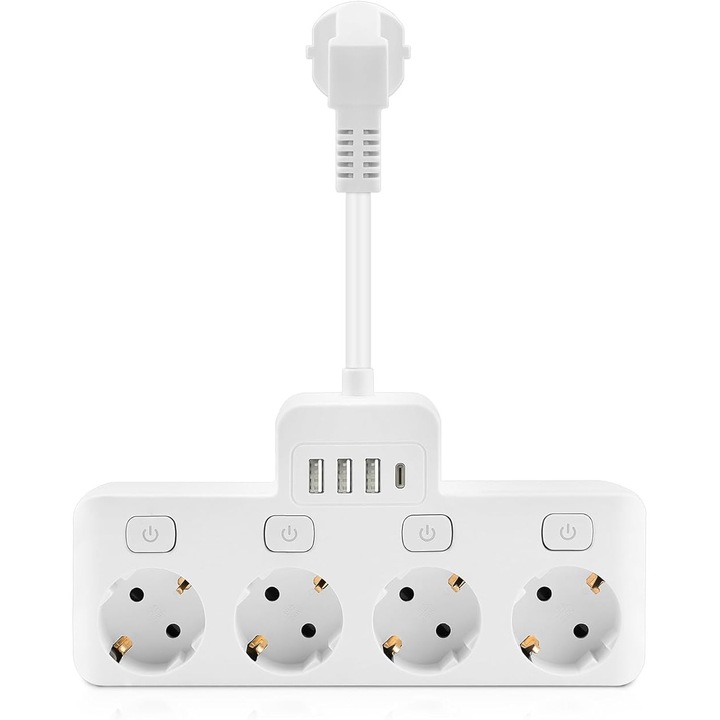 Prelungitor 8 in 1, 4 prize europene, 4 porturi USB, cablu 5cm, alb