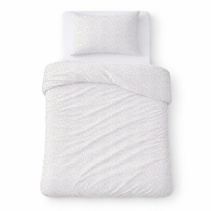 Set lenjerie de pat din bumbac creponat, Karo, Kora Home, alb cu flori bej, 140x200 cm, 2 piese