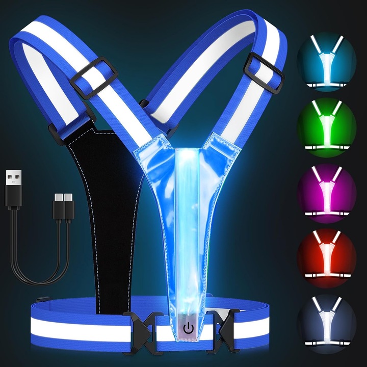 Vesta reflectorizanta LED, textil, USB reincarcabila, 5 culori si 3 moduri luminoase, reglabila 84-165 cm/66-124 cm, Albastru, Universal