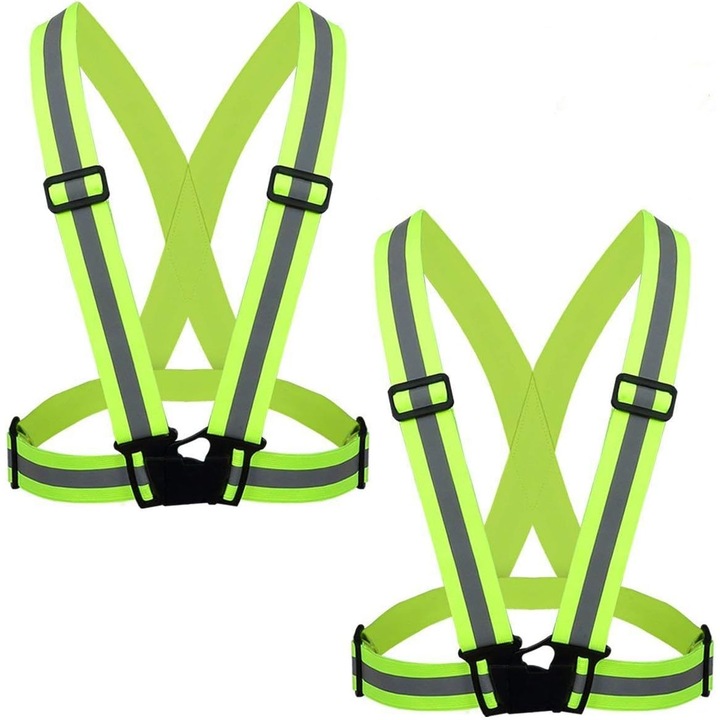 Set 2 piese vesta reflectorizanta reglabila si bratari reflectorizante elastice, galben neon, marime unica