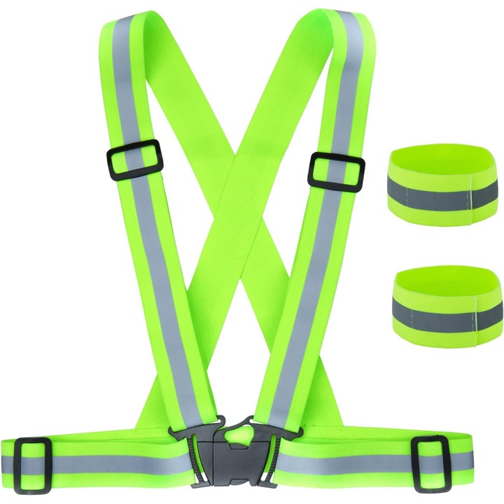 Set vesta reflectorizanta si bratari, elastic, neon, ajustabil