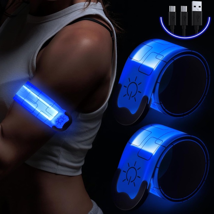 Set 2 benzi LED reflectorizante, incarcabile USB, albastru, 35x4cm