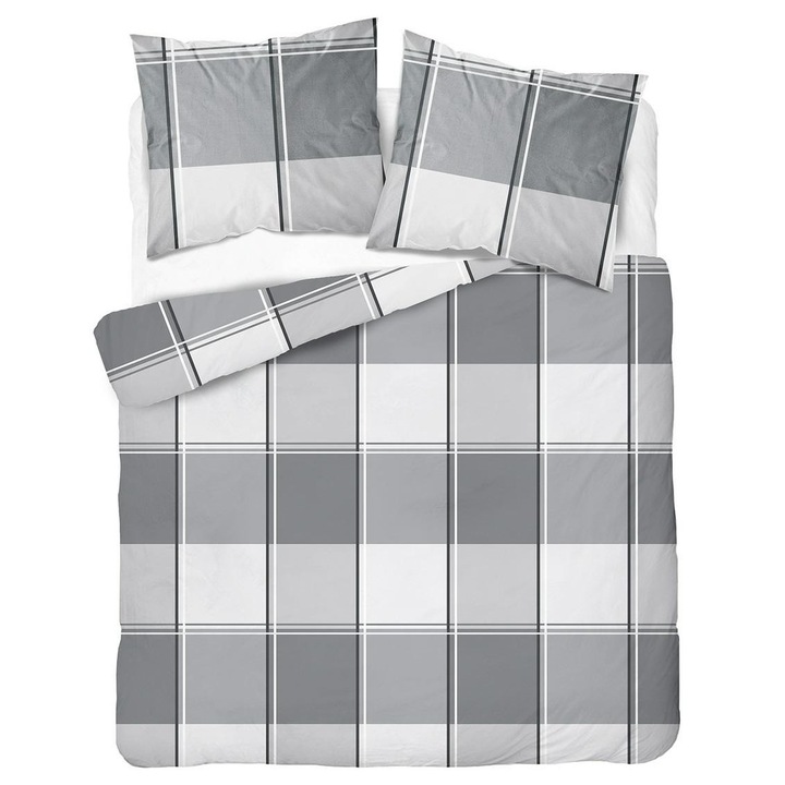 Set lenjerie de pat satin bumbac, Detexpol, 5777 B, gri-alb, carouri, 180x200 cm, 3 piese, fermoar