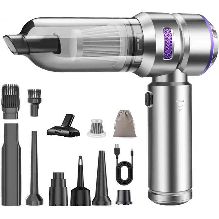 Aspirator portabil / handheld vacuum 4-in-1, fara fir, motor brushless, 16000Pa, baterie 6000mAh type-C, moduri reglabile 8000/12000/16000Pa, suflanta si pompa, filtru HEPA si metalic, argintiu, 1 buc