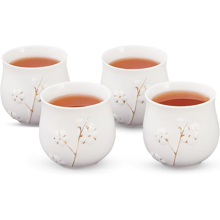 Set cesti de ceai japoneze, portelan din kaolin, decor aurit cu flori de prun, alb/auriu, 4 x 180ml