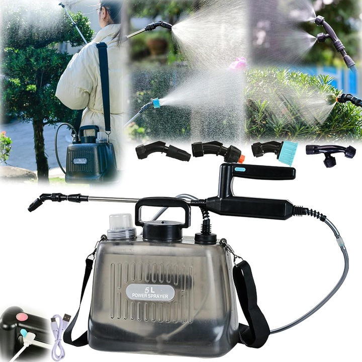 Pulverizator electric de gradina, stropitoare, usb reincarcabil, 3 duze reglabile (5 moduri), pornire cu un singur buton, baterie 2400mAh, bara telescopica, negru/translucid, 5L