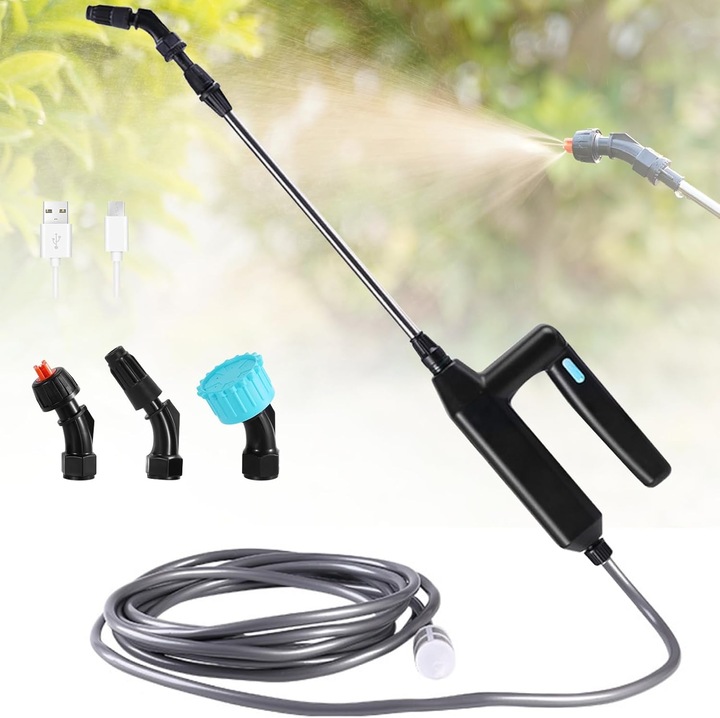 Pulverizator electric de gradina, stropitoare portabila reincarcabila USB, 3 duze reglabile cu 5 moduri, furtun 5 m cu filtru, tija telescopica 60-90 cm, baterie 2400mAh 7.2V, Negru, 1 buc