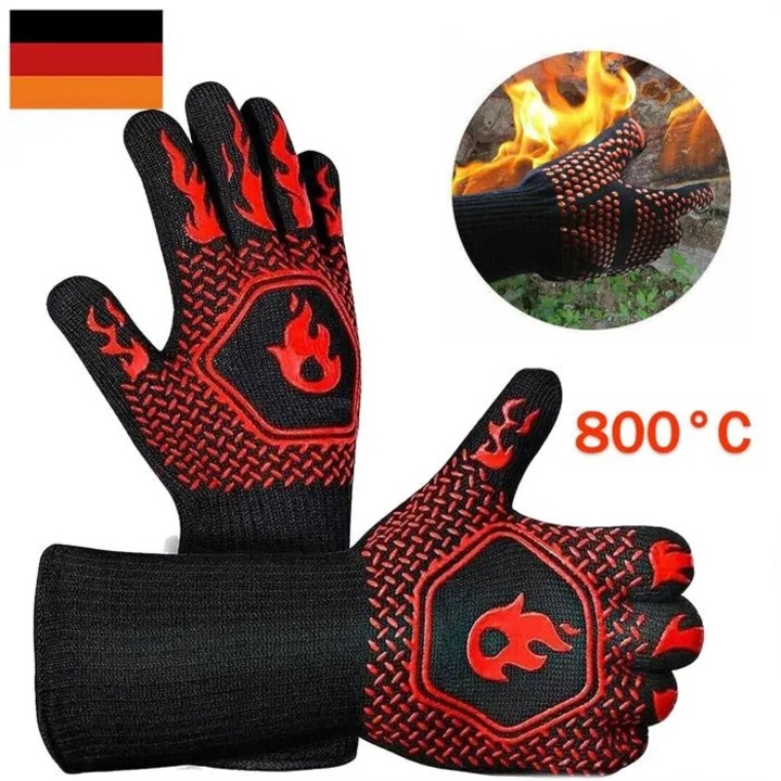 Manusi de gratar si pentru cuptor, rezistente pana la 800°C, ignifuge, antiderapante cu model flacara, negru/rosu, set 2 bucati