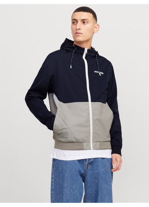 Jack & Jones Яке бомбър с качулка, JJERUSH HOOD, Тъмносин/dwqfwqСив, Сив/Тъмно морско синьо