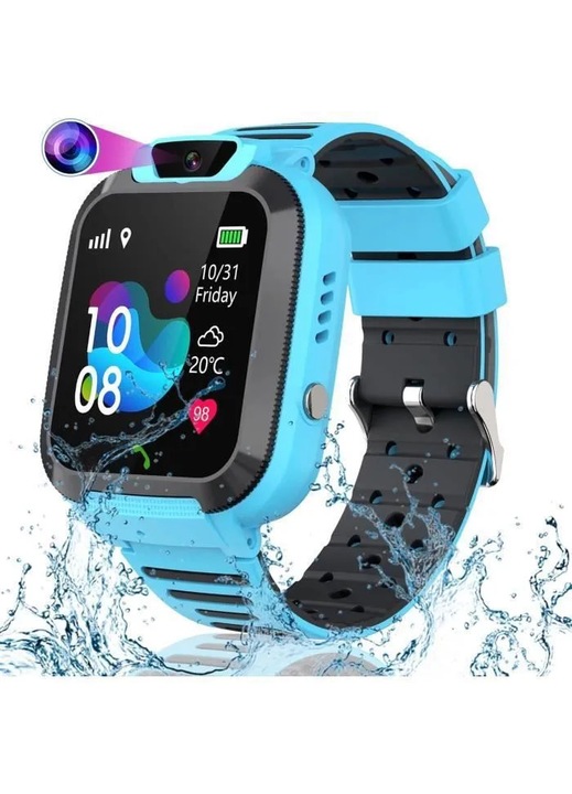 Smartwatch pentru copii din silicon cu gps si lbs, camera frontala si monitor vocal, apel sos, rezistent la apa, albastru