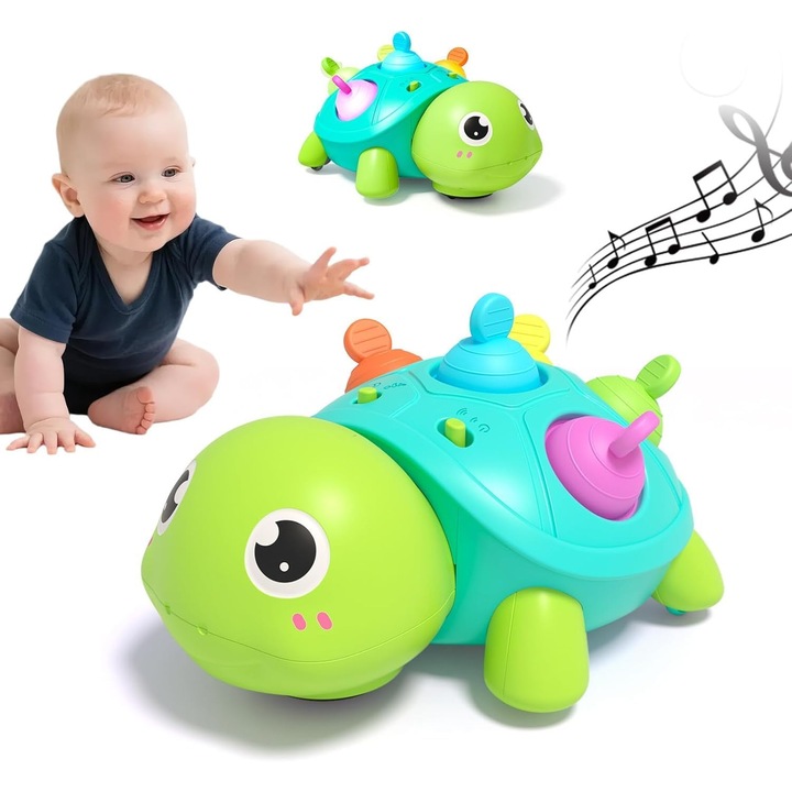 Jucarie testoasa pentru bebelusi, jucarie de tarare muzicala cu lumina si mod dual sleep/crawl, multisenzoriala, verde/turcoaz, 1 buc