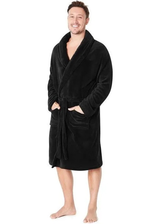 Halat de baie barbati, negru, flanel, cu gluga si buzunare, confortabil, L INTL
