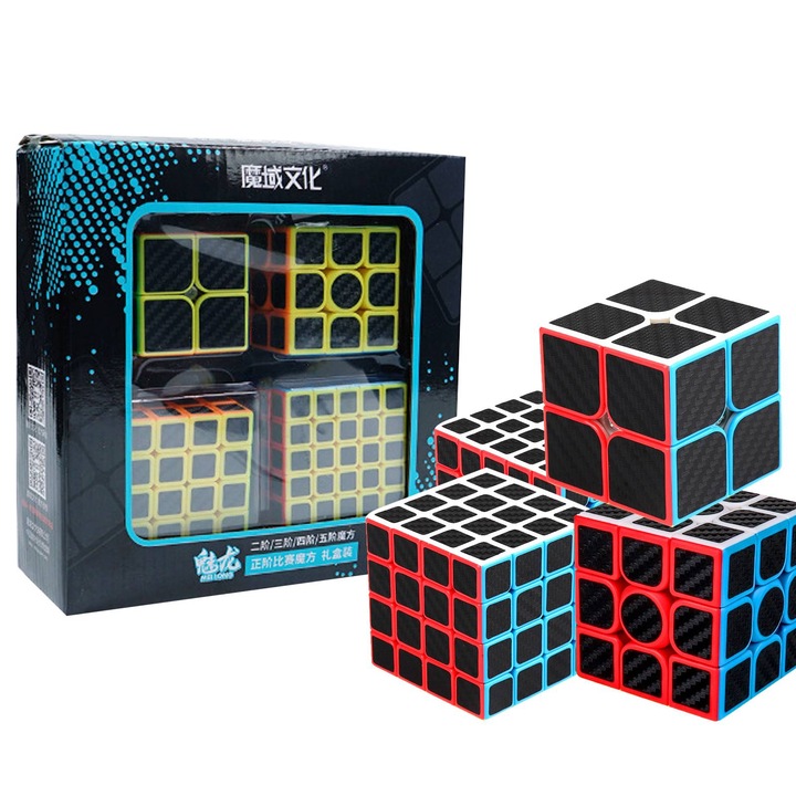 Cub Rubik Magnetic, Set 4 in 1 Ideal Cadou, Speed Cube 2x2, 3x3, 4x4 si 5x5 de Competitie, Cutie Cadou cu Finisaj Fibra de Carbon, Plastic ABS, Reglaj Elasticitate, Multicolor, pentru Copii si Adulti