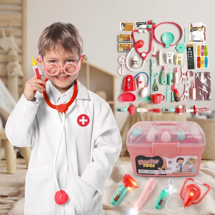 Set Doctor pentru Copii Indiggo® Include 40 de Accesorii, Trusa Medicala Educativa Interactiva cu Lumini si Sunete, Joc de Rol Medic Dentist, Stetoscop, Otoscop, Oglinda Dentara si Lanterna cu Efecte Luminoase, Instrumente Medicale, 3 Ani +, Somon Rose