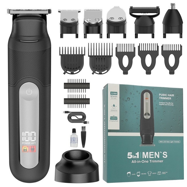 Férfi hajvágó, YJ-102 trimmer, W rozsdamentes acél penge, univerzális feszültség 100-240V, 5 az 1-ben több fejjel, Fekete