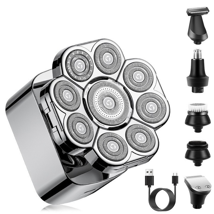 LK-9188 férfi hajvágó, USB újratölthető, 100-240V 5W, IPX6 vízálló, többfejes készlet, ezüst/fekete, 1 db